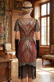 Robe courte courte moulante à col en V dorée rouge des années 1920 avec ourlet à frange