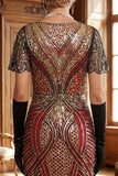 Robe courte courte moulante à col en V dorée rouge des années 1920 avec ourlet à frange