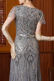 Manches flottantes grises grises scintillantes Fourreau Longue robe des années 1920 avec paillettes