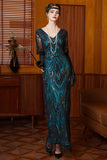 Robe longue des années 1920 à paillettes noire bleue à col en V à manches courtes