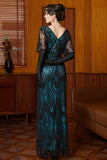 Robe longue des années 1920 à paillettes noire bleue à col en V à manches courtes