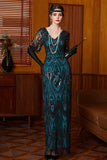 Robe longue des années 1920 à paillettes noire bleue à col en V à manches courtes