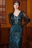 Robe longue des années 1920 à paillettes noire bleue à col en V à manches courtes