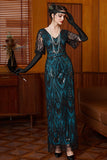 Robe longue des années 1920 à paillettes noire bleue à col en V à manches courtes