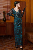 Robe longue des années 1920 à paillettes noire bleue à col en V à manches courtes