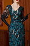 Robe longue des années 1920 à paillettes noire bleue à col en V à manches courtes