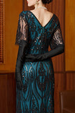 Robe longue des années 1920 à paillettes noire bleue à col en V à manches courtes