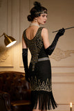 Robe de fête vintage à paillettes en or noir Great Gatsby des années 1920