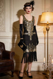 Robe de fête vintage à paillettes en or noir Great Gatsby des années 1920