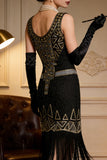Robe de fête vintage à paillettes en or noir Great Gatsby des années 1920