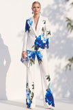 Blanc à imprimé floral bleu, costume de bal deux pièces à revers avec pantalon