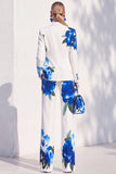 Blanc à imprimé floral bleu, costume de bal deux pièces à revers avec pantalon