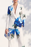 Blanc à imprimé floral bleu, costume de bal deux pièces à revers avec pantalon
