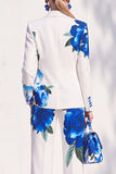 Blanc à imprimé floral bleu, costume de bal deux pièces à revers avec pantalon
