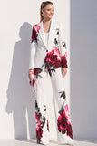 Blanc à imprimé floral bleu, costume de bal deux pièces à revers avec pantalon