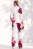 Blanc à imprimé floral bleu, costume de bal deux pièces à revers avec pantalon