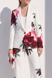 Blanc à imprimé floral bleu, costume de bal deux pièces à revers avec pantalon