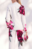 Blanc à imprimé floral bleu, costume de bal deux pièces à revers avec pantalon