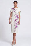 Blanche midi à paillettes et col bateau, robe de travail fourreau avec broderie florale