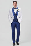 Costumes de mariage homme en châle 3 pièces, revers, bleu à un bouton,