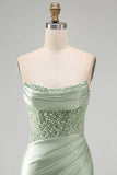 Robe courte de rentrée courte en satin perlé en paillettes vertes poussiéreuses
