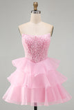 Robe courte de rentrée à la rentrée à étages rose rose pailletée Sequins à volants perles