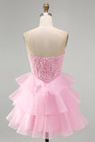Robe courte de rentrée à la rentrée à étages rose rose pailletée Sequins à volants perles