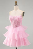 Robe courte de rentrée à la rentrée à étages rose rose pailletée Sequins à volants perles