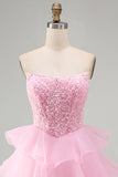 Robe courte de rentrée à la rentrée à étages rose rose pailletée Sequins à volants perles