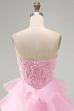 Robe courte de rentrée à la rentrée à étages rose rose pailletée Sequins à volants perles