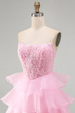 Robe courte de rentrée à la rentrée à étages rose rose pailletée Sequins à volants perles