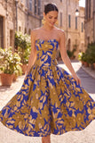 Robe midi bleu bleu bleu bretelée, froncée, à motifs floraux,
