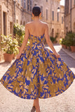 Robe midi bleu bleu bleu bretelée, froncée, à motifs floraux,