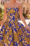 Robe midi bleu bleu bleu bretelée, froncée, à motifs floraux,