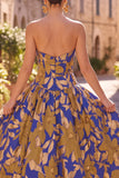 Robe midi bleu bleu bleu bretelée, froncée, à motifs floraux,