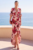 Robe Maxi en ligne en A à cheveux haut-bas à motifs de fleurs rouges rose à motifs de fleurs rouges