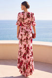 Robe Maxi en ligne en A à cheveux haut-bas à motifs de fleurs rouges rose à motifs de fleurs rouges