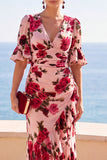 Robe Maxi en ligne en A à cheveux haut-bas à motifs de fleurs rouges rose à motifs de fleurs rouges