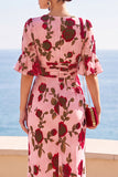 Robe Maxi en ligne en A à cheveux haut-bas à motifs de fleurs rouges rose à motifs de fleurs rouges