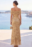 Robe Maxi en forme de sirène brodée à paillettes dorées à paillettes dégagées