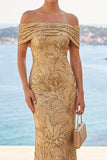 Robe Maxi en forme de sirène brodée à paillettes dorées à paillettes dégagées