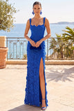 Robe maskini en corset fourreau en dentelle florale 3D bleu royal avec fente