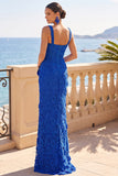 Robe maskini en corset fourreau en dentelle florale 3D bleu royal avec fente