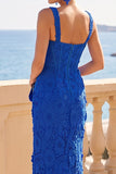 Robe maskini en corset fourreau en dentelle florale 3D bleu royal avec fente