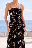 Robe maxi sans bretelles à motif fleuri doré noir doré