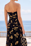 Robe maxi sans bretelles à motif fleuri doré noir doré