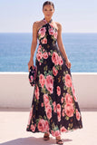 Robe longue en chiffon plissé à motifs floraux à col nu noir