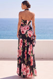 Robe longue en chiffon plissé à motifs floraux à col nu noir