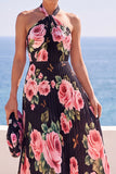 Robe longue en chiffon plissé à motifs floraux à col nu noir