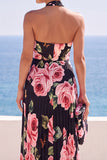 Robe longue en chiffon plissé à motifs floraux à col nu noir